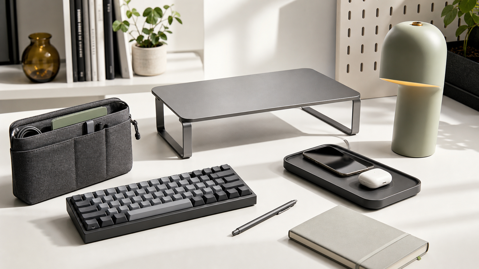 Workspace collection arranged on a dark studio table